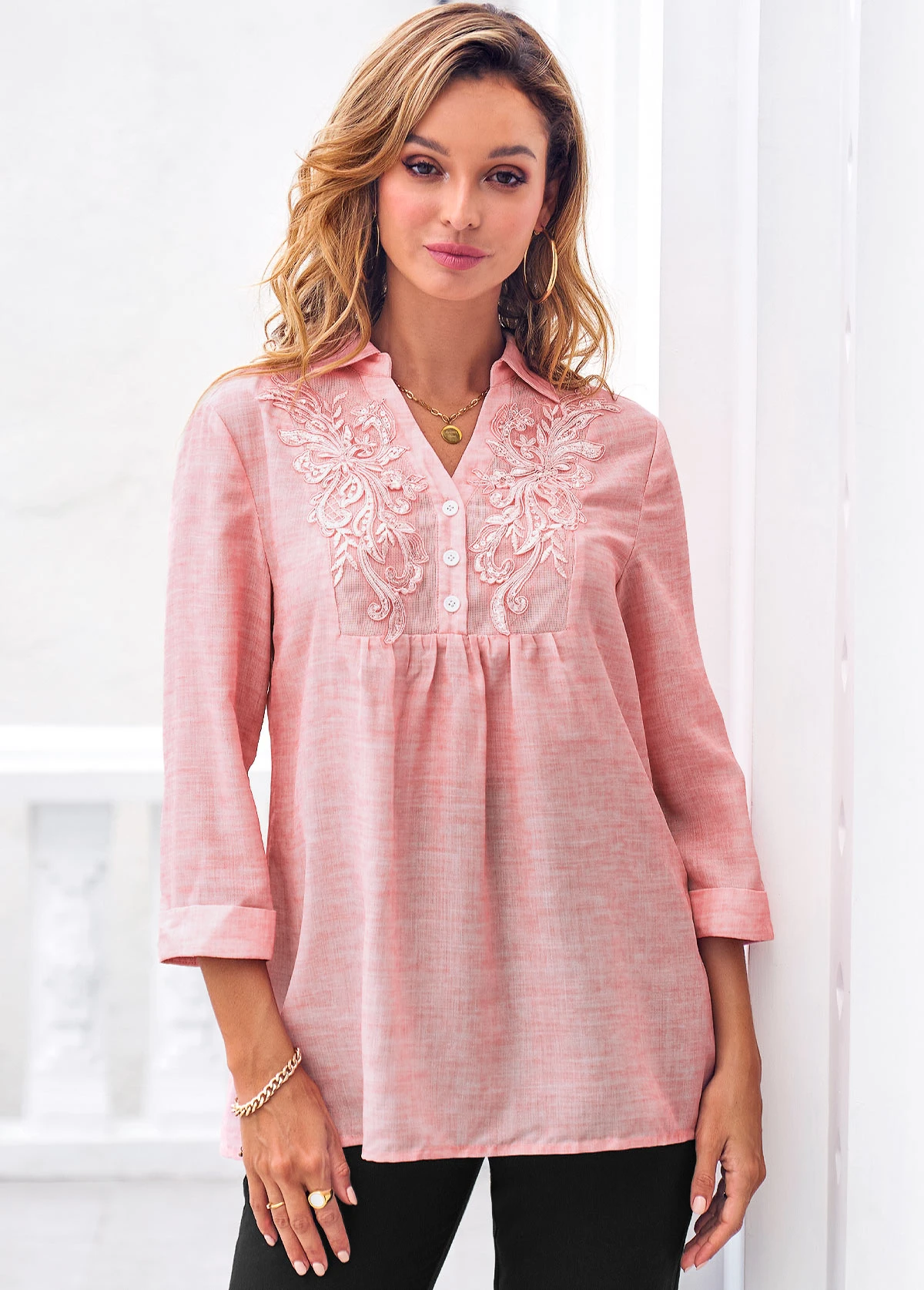Lace Stitching 3/4 Sleeve Pink Blouse 4 Lace Stitching 3/4 Sleeve Pink Blouse - Image 4