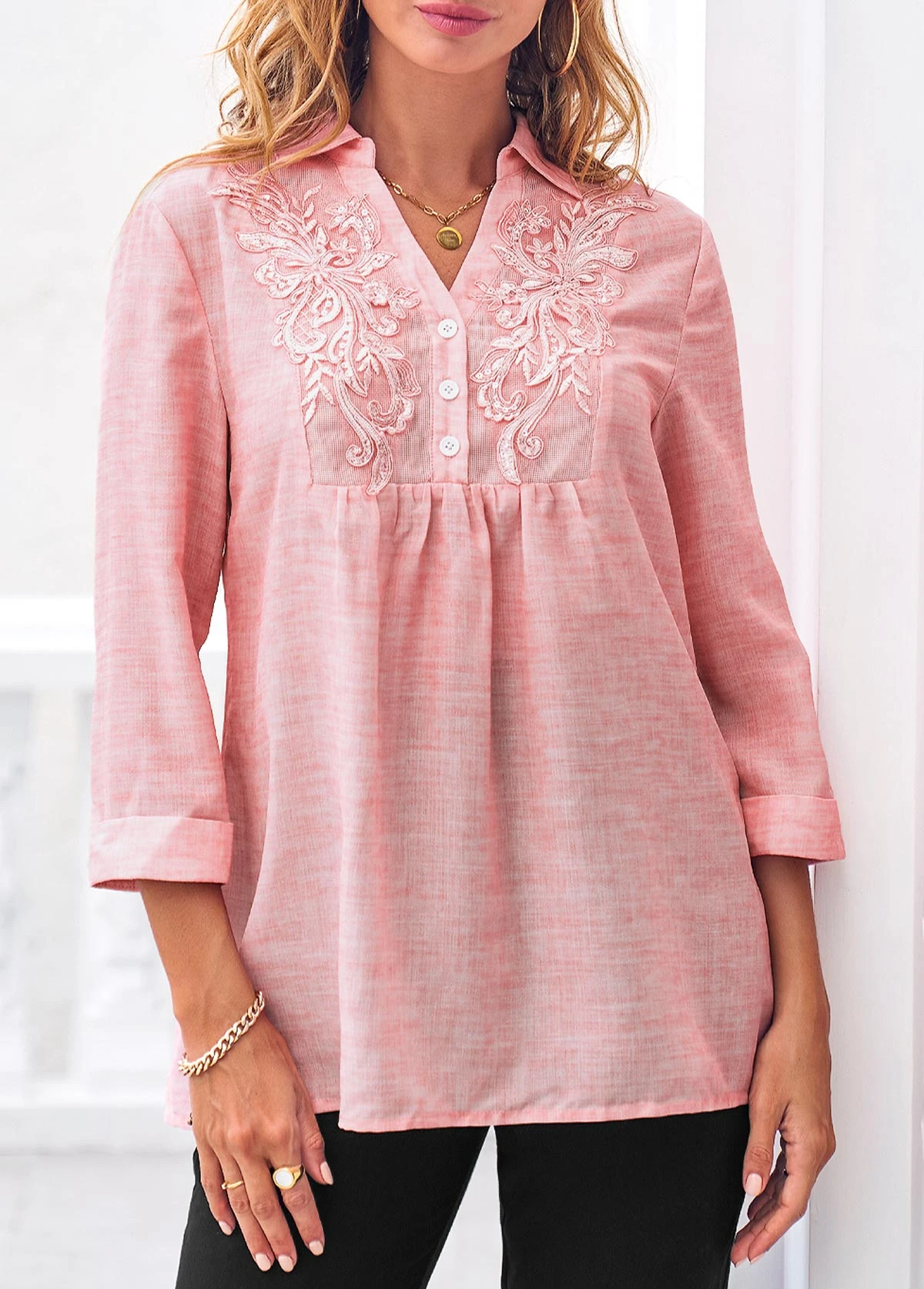 Lace Stitching 3/4 Sleeve Pink Blouse 1 Lace Stitching 3/4 Sleeve Pink Blouse