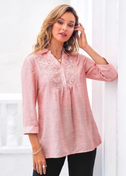 Lace Stitching 3/4 Sleeve Pink Blouse 7 Lace Stitching 3/4 Sleeve Pink Blouse -Women Clothing Sales Store 288380 P 16383291116682