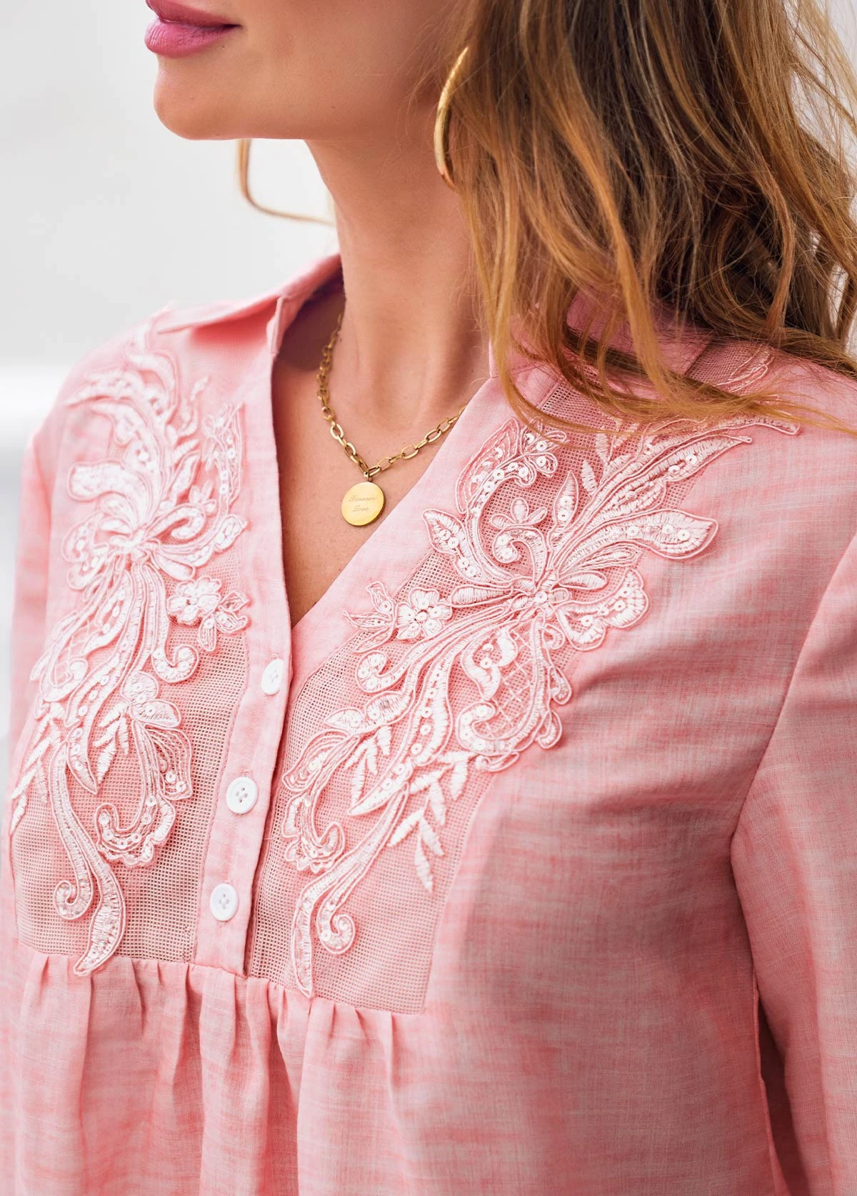 Lace Stitching 3/4 Sleeve Pink Blouse 5 Lace Stitching 3/4 Sleeve Pink Blouse - Image 5