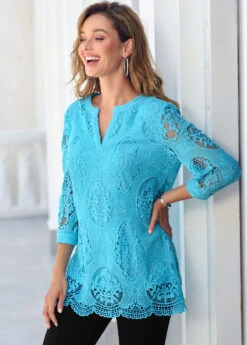 Sky Blue Split Neck 3/4 Sleeve Lace Blouse -Women Clothing Sales Store 288397 P 16383563291642