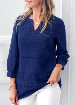 Navy Blue Split Neck Embroidered Blouse