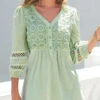 Light Green V Neck Lace Stitching T Shirt