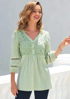 Light Green V Neck Lace Stitching T Shirt -Women Clothing Sales Store 289103 P 16382554986784