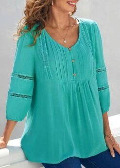 Lace Trim V Neck 3/4 Sleeve Cyan Blouse