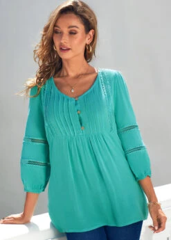 Lace Trim V Neck 3/4 Sleeve Cyan Blouse -Women Clothing Sales Store 289116 P 16391343753842
