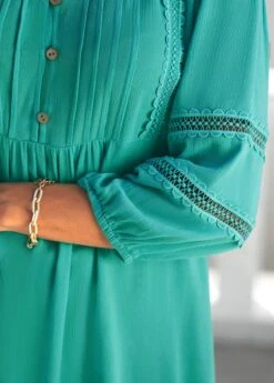 Lace Trim V Neck 3/4 Sleeve Cyan Blouse -Women Clothing Sales Store 289116 P 16391343756274