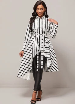 Asymmetric Hem Striped Color Block Belted Blouse