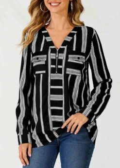 Striped Color Block V Neck Zipper Detail Blouse