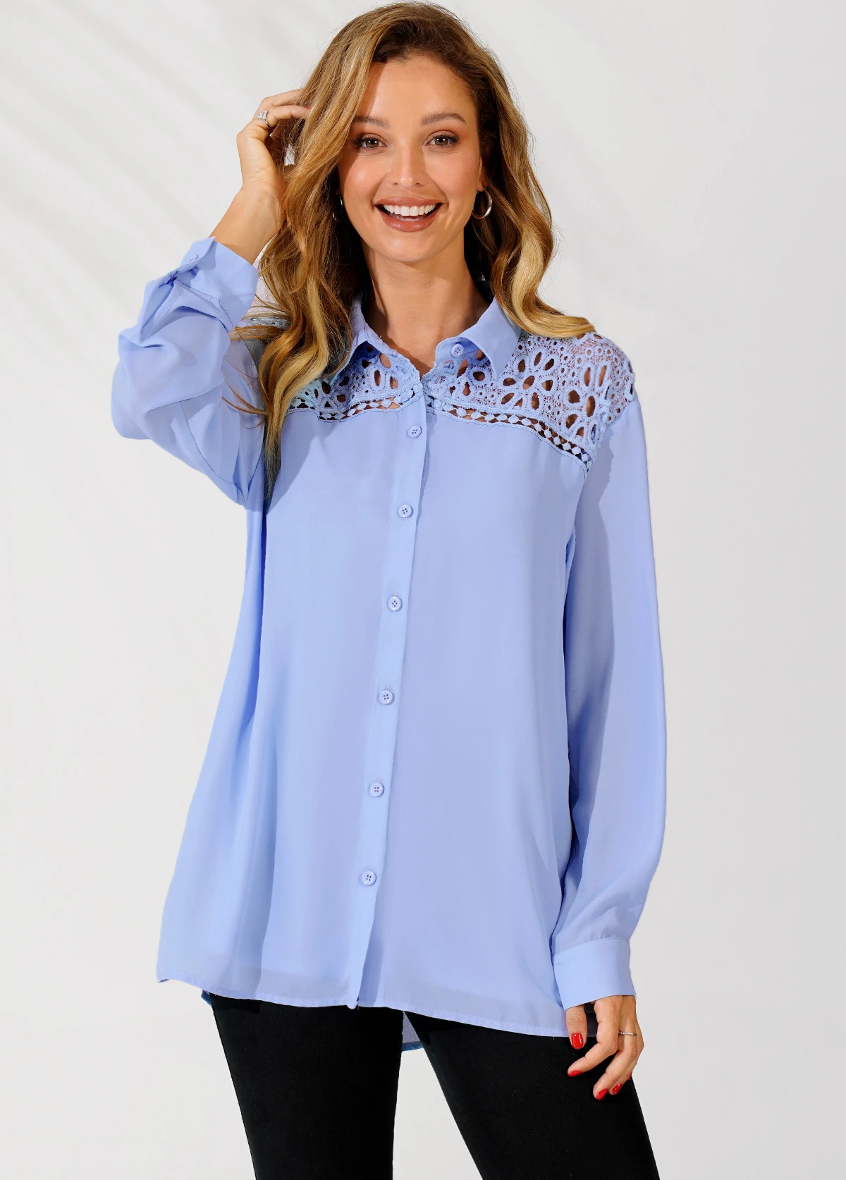 Lace Trim Turndown Collar Blue Long Sleeve Blouse 4 Lace Trim Turndown Collar Blue Long Sleeve Blouse - Image 4