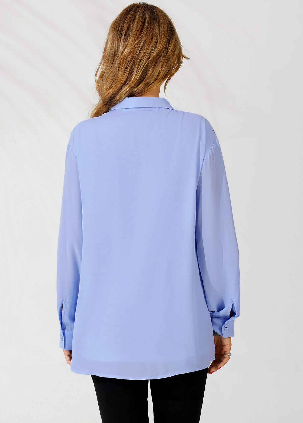 Lace Trim Turndown Collar Blue Long Sleeve Blouse 2 Lace Trim Turndown Collar Blue Long Sleeve Blouse - Image 2