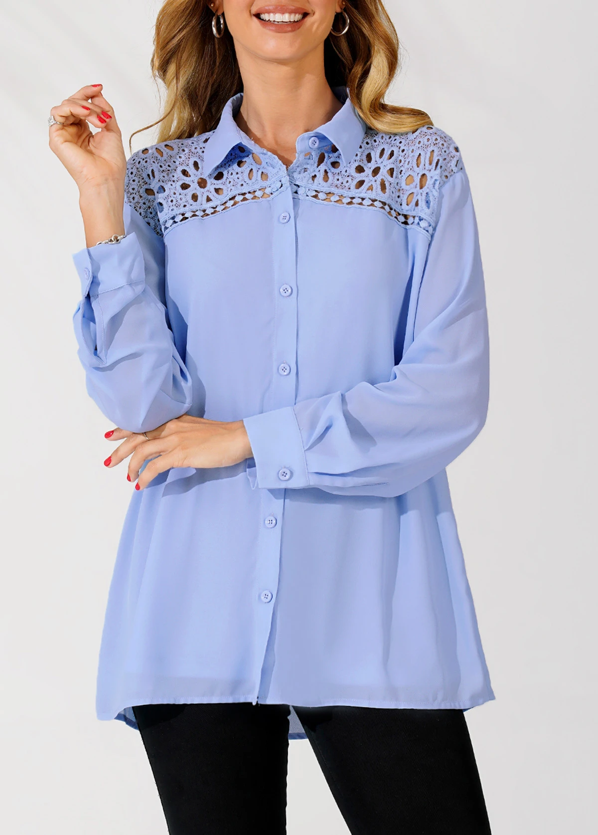 Lace Trim Turndown Collar Blue Long Sleeve Blouse 1 Lace Trim Turndown Collar Blue Long Sleeve Blouse