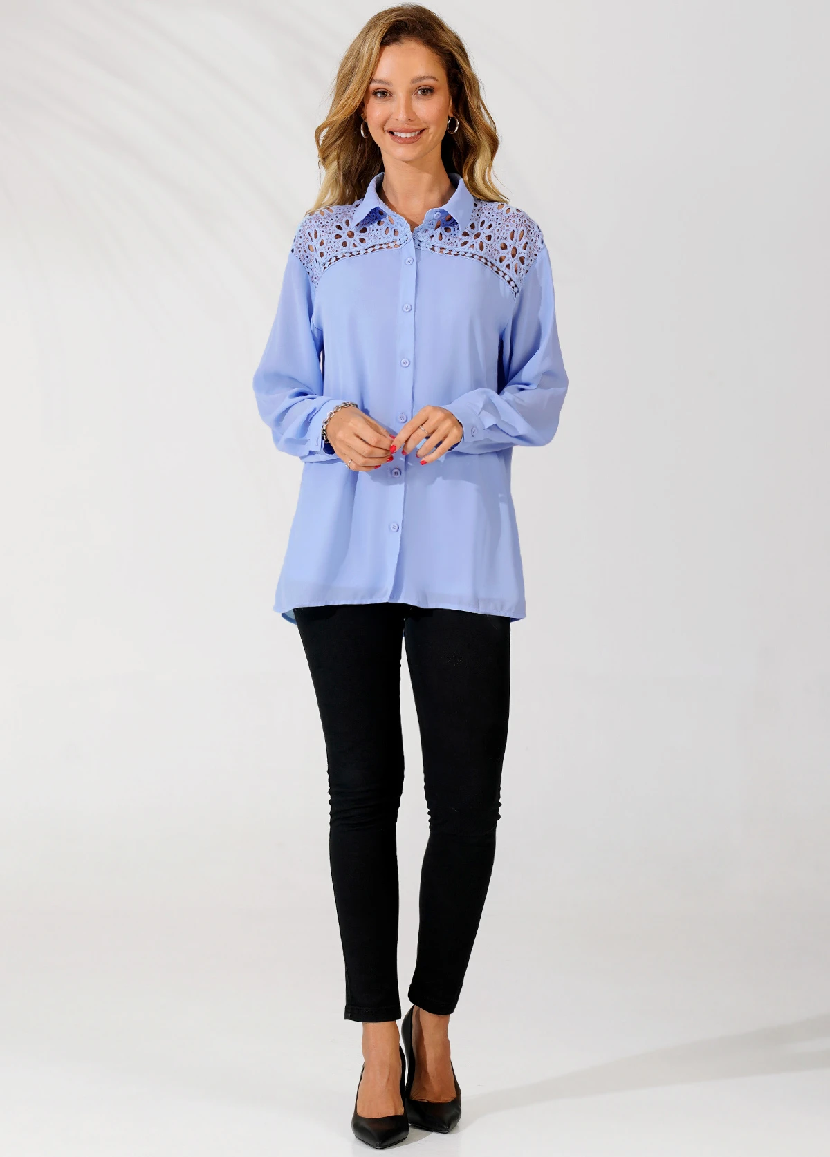Lace Trim Turndown Collar Blue Long Sleeve Blouse 5 Lace Trim Turndown Collar Blue Long Sleeve Blouse - Image 5