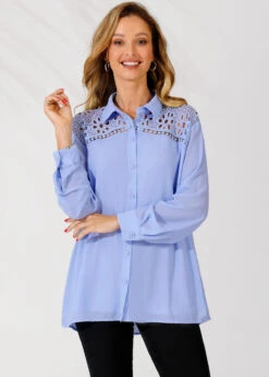 Lace Trim Turndown Collar Blue Long Sleeve Blouse 13 Lace Trim Turndown Collar Blue Long Sleeve Blouse -Women Clothing Sales Store 290301 P 16408586574346