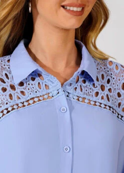 Lace Trim Turndown Collar Blue Long Sleeve Blouse 12 Lace Trim Turndown Collar Blue Long Sleeve Blouse -Women Clothing Sales Store 290301 P 16408586574755