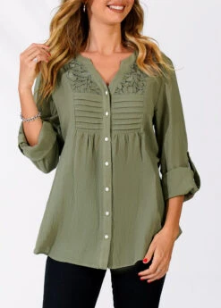 Sage Green Split Neck Lace Panel Blouse