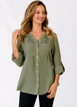 Sage Green Split Neck Lace Panel Blouse -Women Clothing Sales Store 290302 P 16395598946753