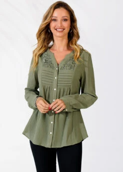 Sage Green Split Neck Lace Panel Blouse -Women Clothing Sales Store 290302 P 16395598948432