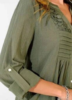 Sage Green Split Neck Lace Panel Blouse -Women Clothing Sales Store 290302 P 16395598948485