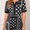 Polka Dot Geometric Print Split Neck Black T Shirt
