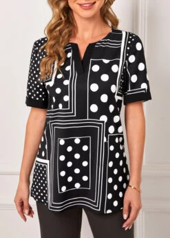 Polka Dot Geometric Print Split Neck Black T Shirt