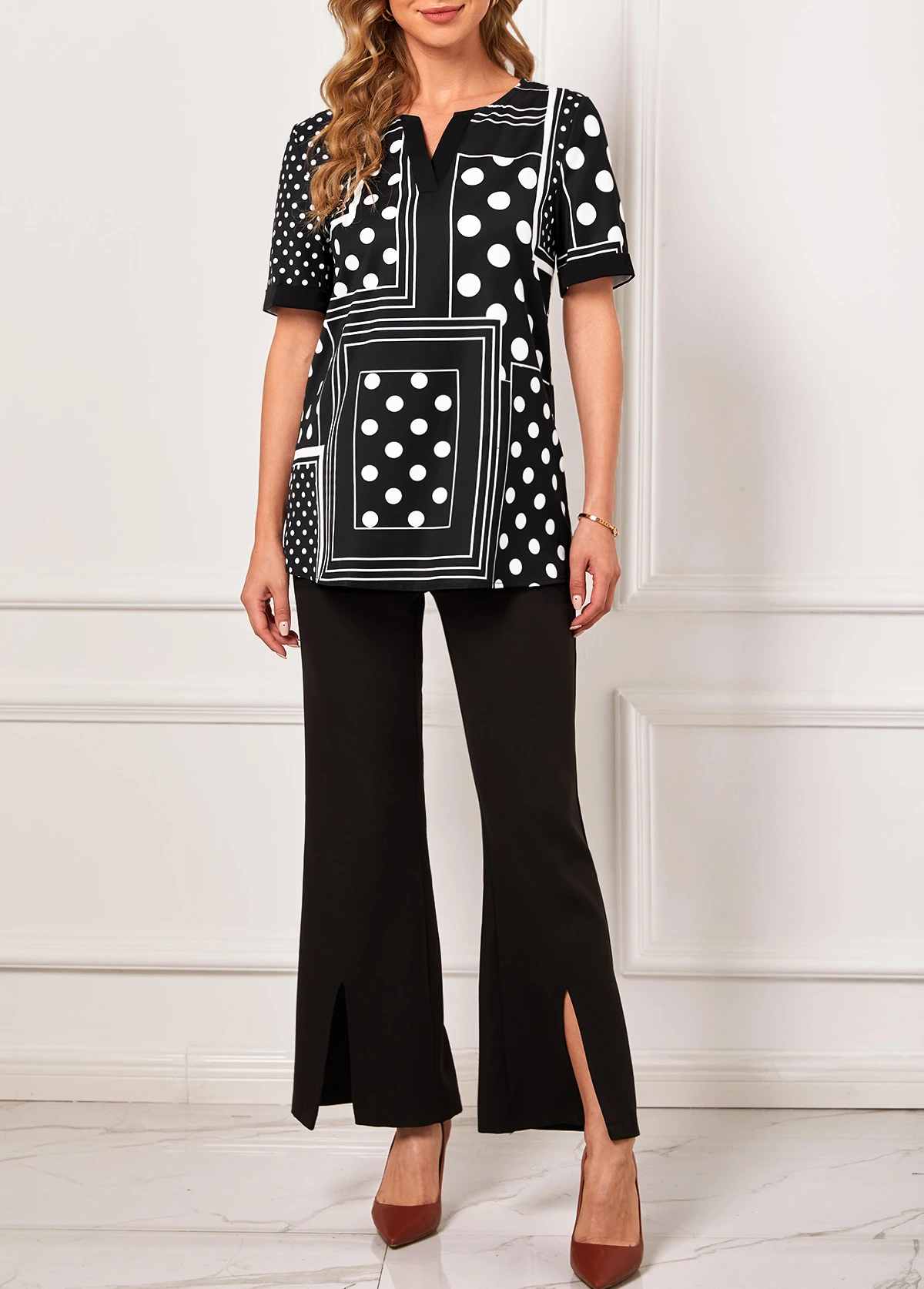 Polka Dot Geometric Print Split Neck Black T Shirt 4 Polka Dot Geometric Print Split Neck Black T Shirt - Image 4