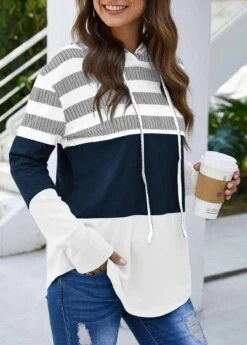 Drawstring Stripe Print Long Sleeve White Hoodie -Women Clothing Sales Store 291990 P 1662362123127