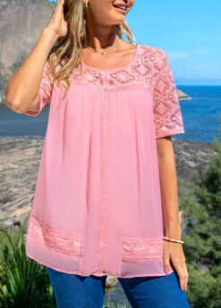 Lace Patchwork Round Neck Pink Blouse -Women Clothing Sales Store 292220 P 16448386231532