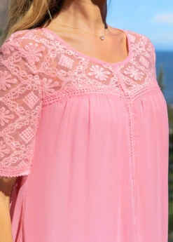 Lace Patchwork Round Neck Pink Blouse -Women Clothing Sales Store 292220 P 16448386233214