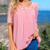 Lace Patchwork Round Neck Pink Blouse