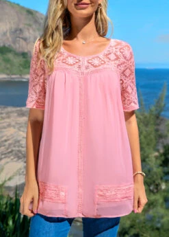 Lace Patchwork Round Neck Pink Blouse -Women Clothing Sales Store 292220 P 16448386238940