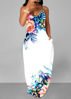 Women Clothing Sales Store 38 Floral Print Spaghetti Strap White Dress