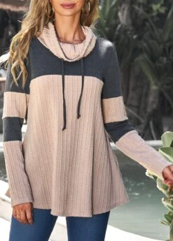 Light Tan Cowl Neck Drawstring Contrast Sweatshirt 9 Light Tan Cowl Neck Drawstring Contrast Sweatshirt -Women Clothing Sales Store 308280 P 16601082956004
