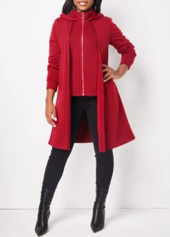 Deep Red Zipper Long Sleeve Hoodie -Women Clothing Sales Store 312536 P 16642737772043