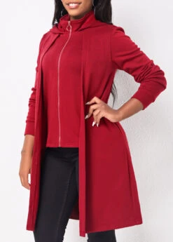 Deep Red Zipper Long Sleeve Hoodie -Women Clothing Sales Store 312536 P 16642737772832