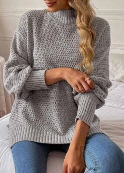 Grey Long Sleeve Round Neck Sweater 11 Grey Long Sleeve Round Neck Sweater -Women Clothing Sales Store 313890 P 16661414306795