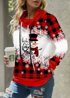 Drawstring Christmas Snowman Print Red Sweatshirt -Women Clothing Sales Store 315014 P 1663639684749