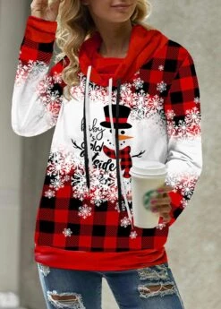 Drawstring Christmas Snowman Print Red Sweatshirt -Women Clothing Sales Store 315014 P 1663639685232