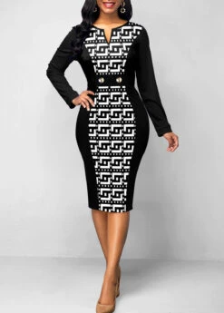 Black Patchwork Baroque Print Long Sleeve Bodycon Dress