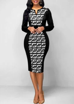 Black Patchwork Baroque Print Long Sleeve Bodycon Dress 5 Black Patchwork Baroque Print Long Sleeve Bodycon Dress -Women Clothing Sales Store 315364 P 1663830473742