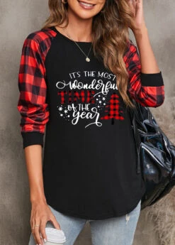 Red Christmas Print Long Sleeve Round Neck Sweatshirt -Women Clothing Sales Store 315385 P 1663837943163