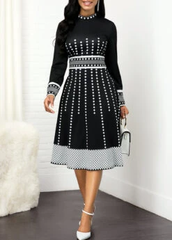 Geometric Print Mock Neck Long Sleeve Dress