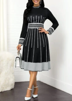 Geometric Print Mock Neck Long Sleeve Dress -Women Clothing Sales Store 315585 P 16848043430323