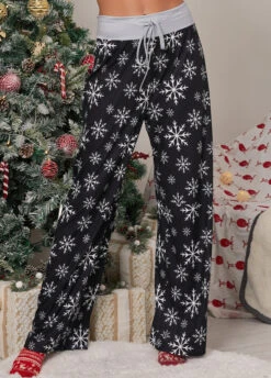 Black Drawstring Christmas Print Drawastring Pants