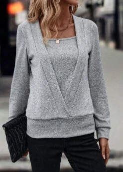 Grey Fake 2in1 Long Sleeve Sweatshirt -Women Clothing Sales Store 318014 P 16692860953870