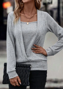 Grey Fake 2in1 Long Sleeve Sweatshirt -Women Clothing Sales Store 318014 P 16692860966975