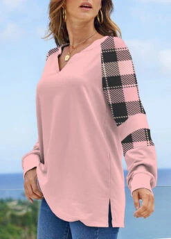 Light Pink Tartan Print Long Sleeve Sweatshirt -Women Clothing Sales Store 318111 P 1666592357394