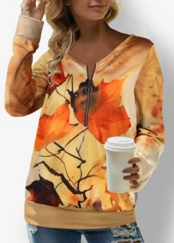 Ginger Zipper Leaf Print Long Sleeve Sweatshirt -Women Clothing Sales Store 318489 P 1666849983947