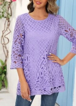Light Purple Lace 3/4 Sleeve Blouse -Women Clothing Sales Store 318790 P 16730049202773