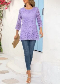 Light Purple Lace 3/4 Sleeve Blouse -Women Clothing Sales Store 318790 P 16730049203664